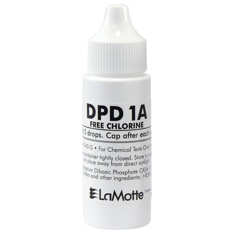 LaMotte frasco frontal del reactivo DPD 1A mostrando etiqueta y uso fiable