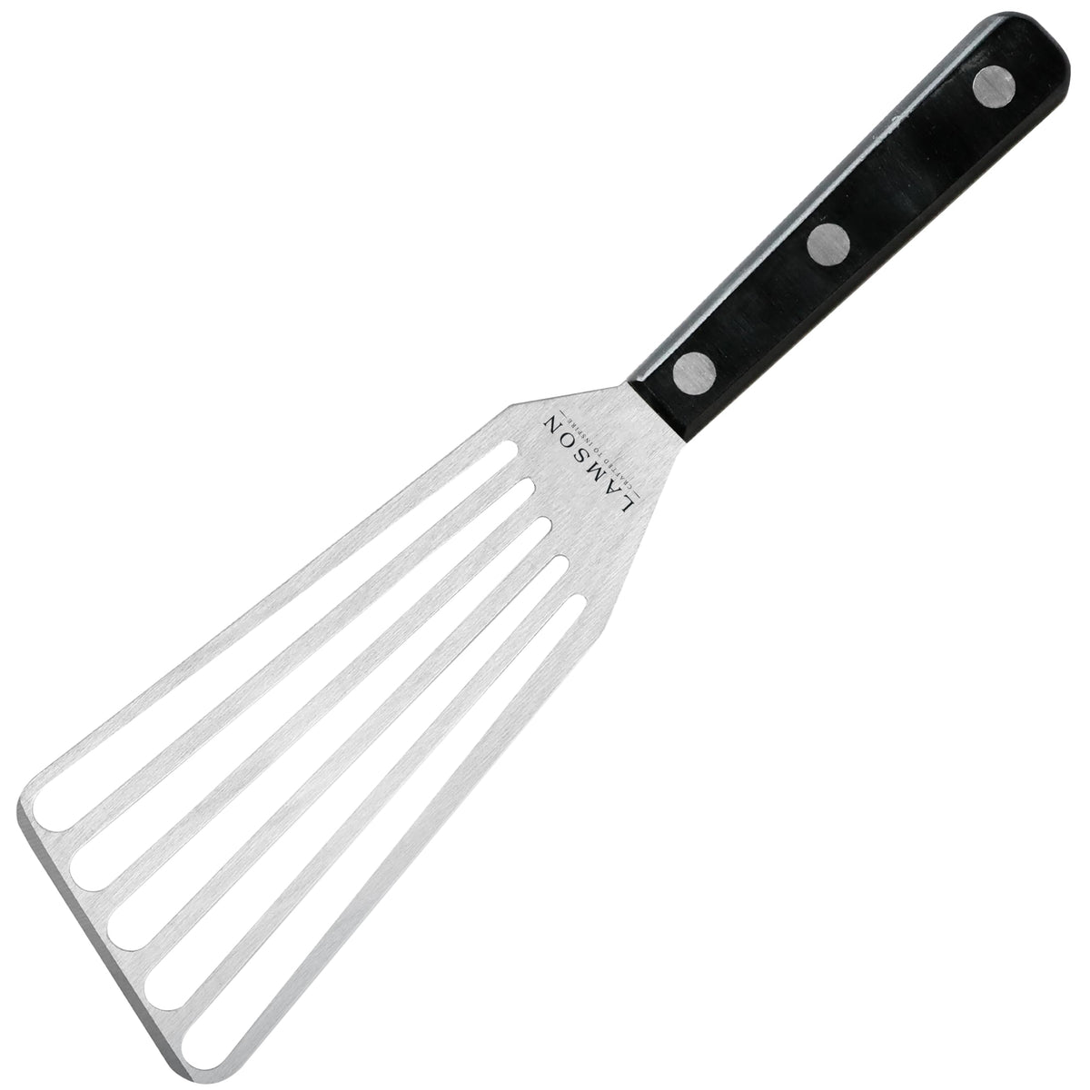 Lamson espátula ranurada frontal mostrando diseño para zurdos y control