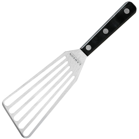 Lamson espátula ranurada frontal mostrando diseño para zurdos y control
