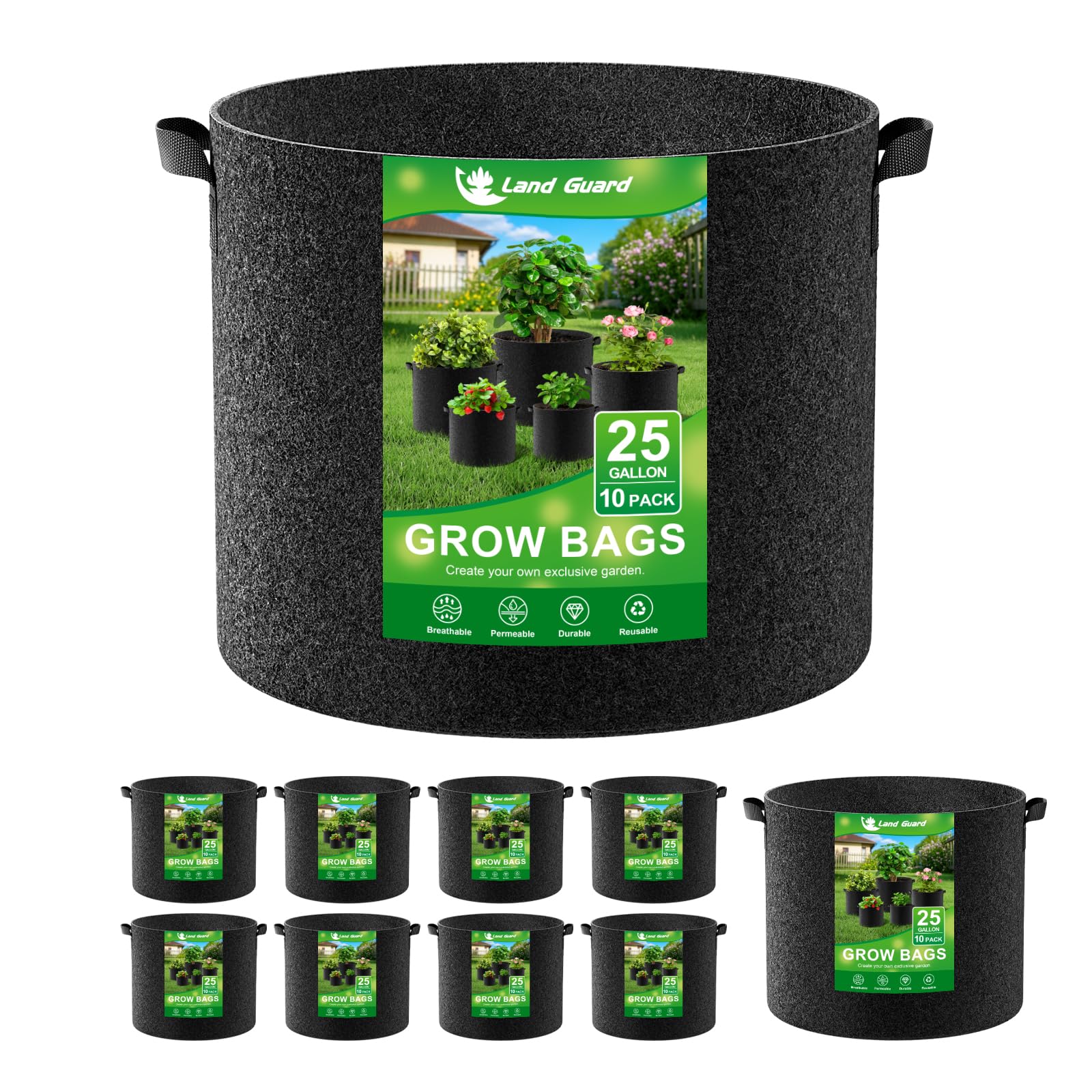 Land Guard vista frontal del paquete de 10 bolsas de cultivo, ideal para huertos urbanos