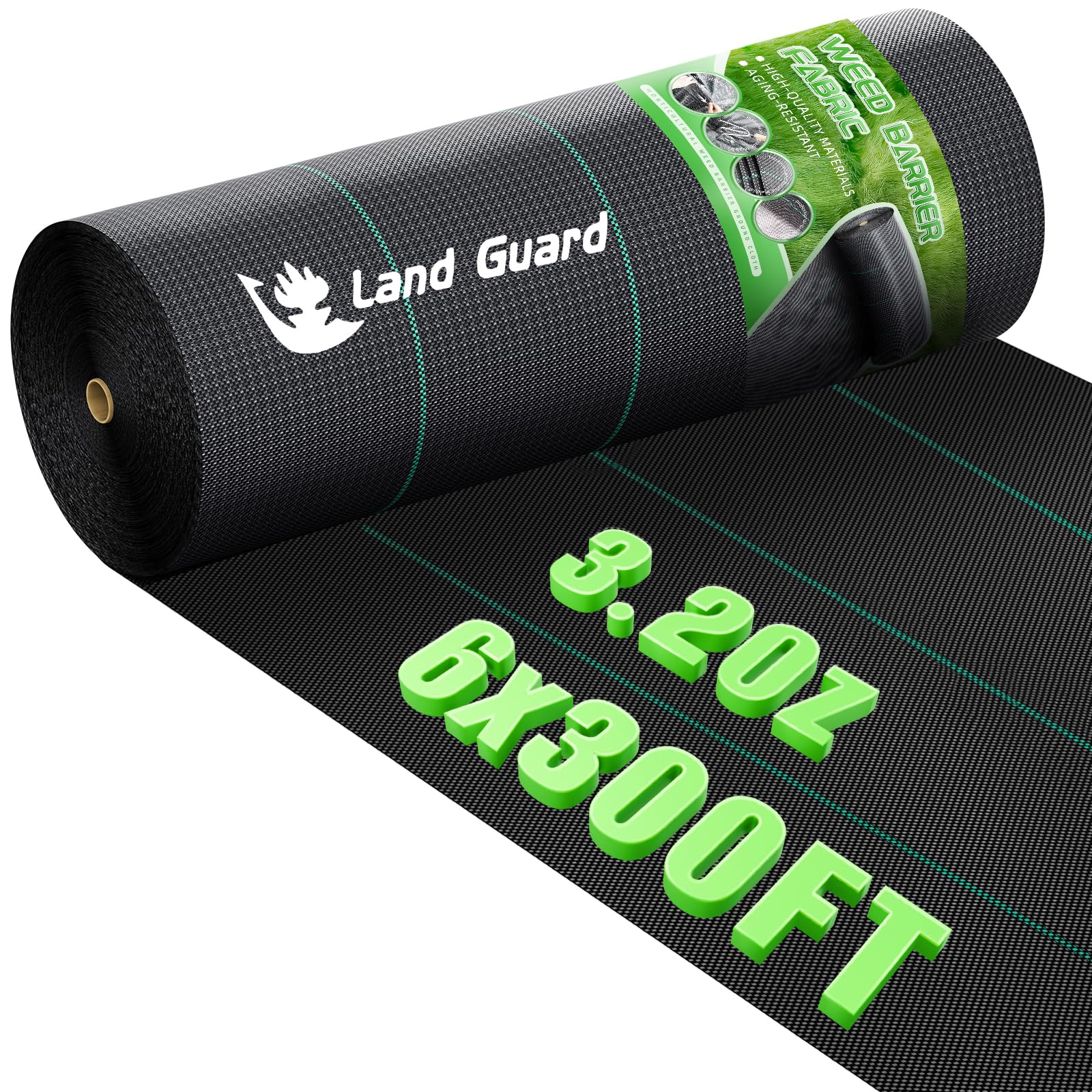 Land Guard vista frontal del rollo mostrando dimensiones y embalaje, facilita instalación