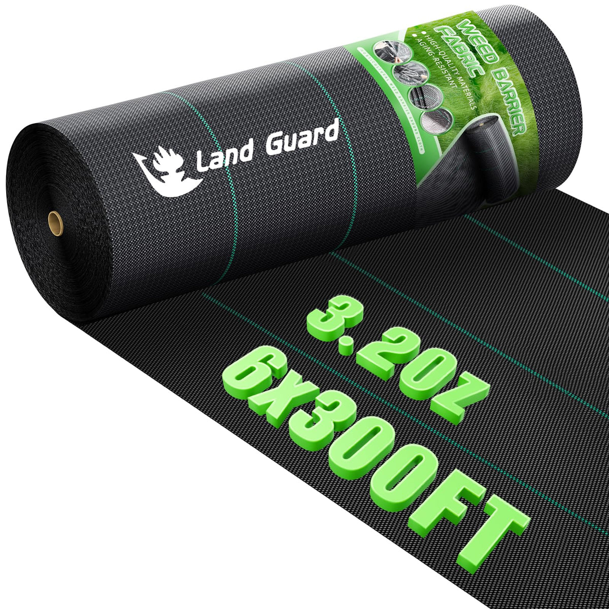 Land Guard vista frontal del rollo mostrando dimensiones y embalaje, facilita instalación