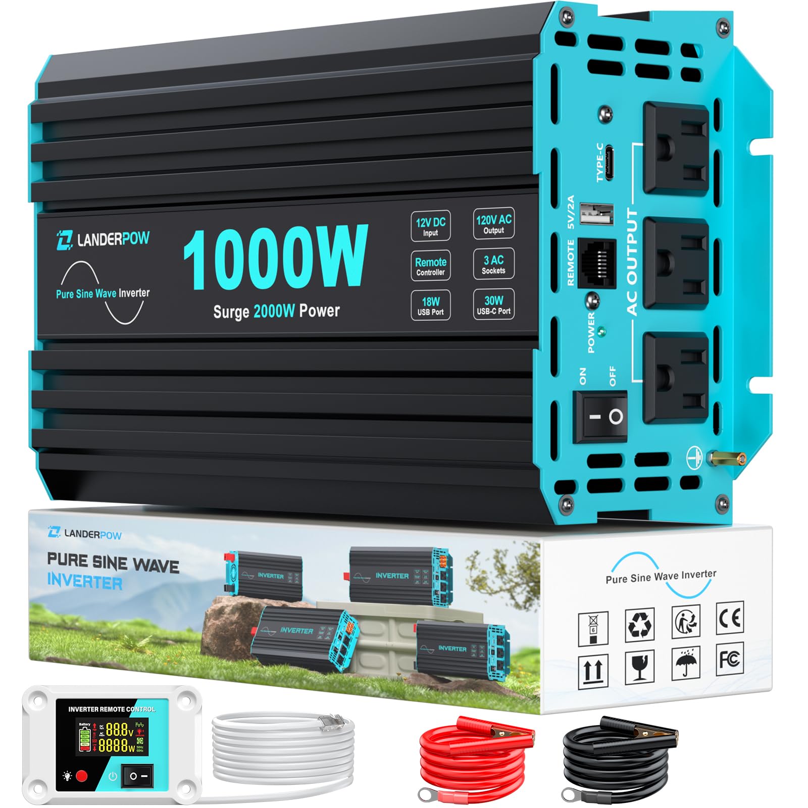 LANDERPOW vista frontal del inversor, energía estable para equipo móvil