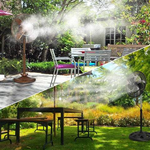 LANDGARDEN escena lifestyle en terraza con bruma, crea ambiente fresco confortable