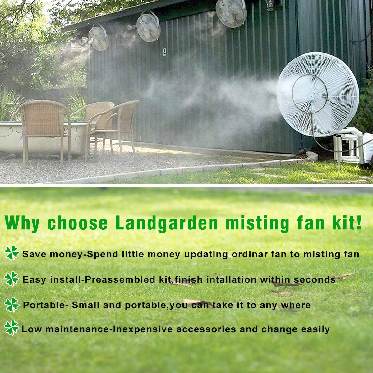 LANDGARDEN kit en uso en patio con ventilador, aporta bruma refrescante para exteriores