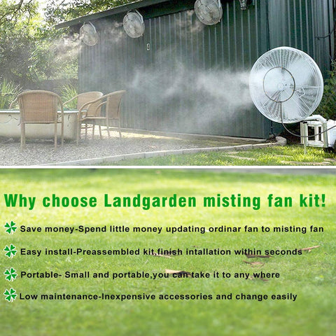 LANDGARDEN kit en uso en patio con ventilador, aporta bruma refrescante para exteriores