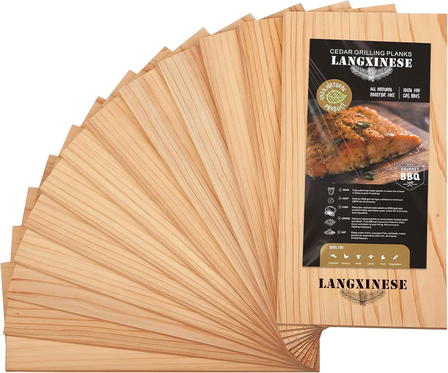 Langxinese tablas de cedro al frente mostrando paquete práctico y cantidad