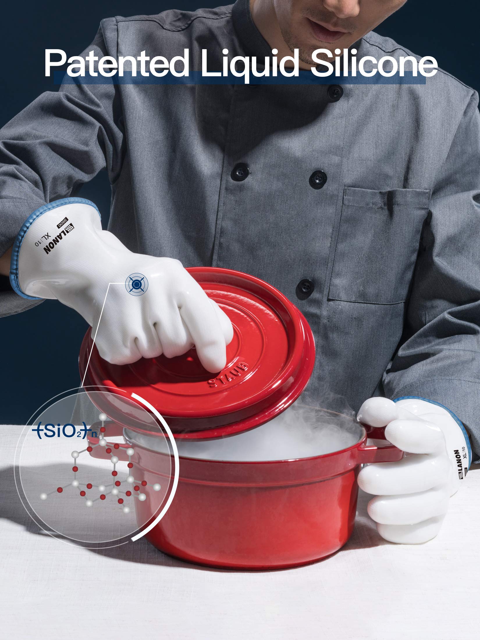 LANON Protection guantes Wahoo sujetando bandeja del horno caliente, manejo seguro