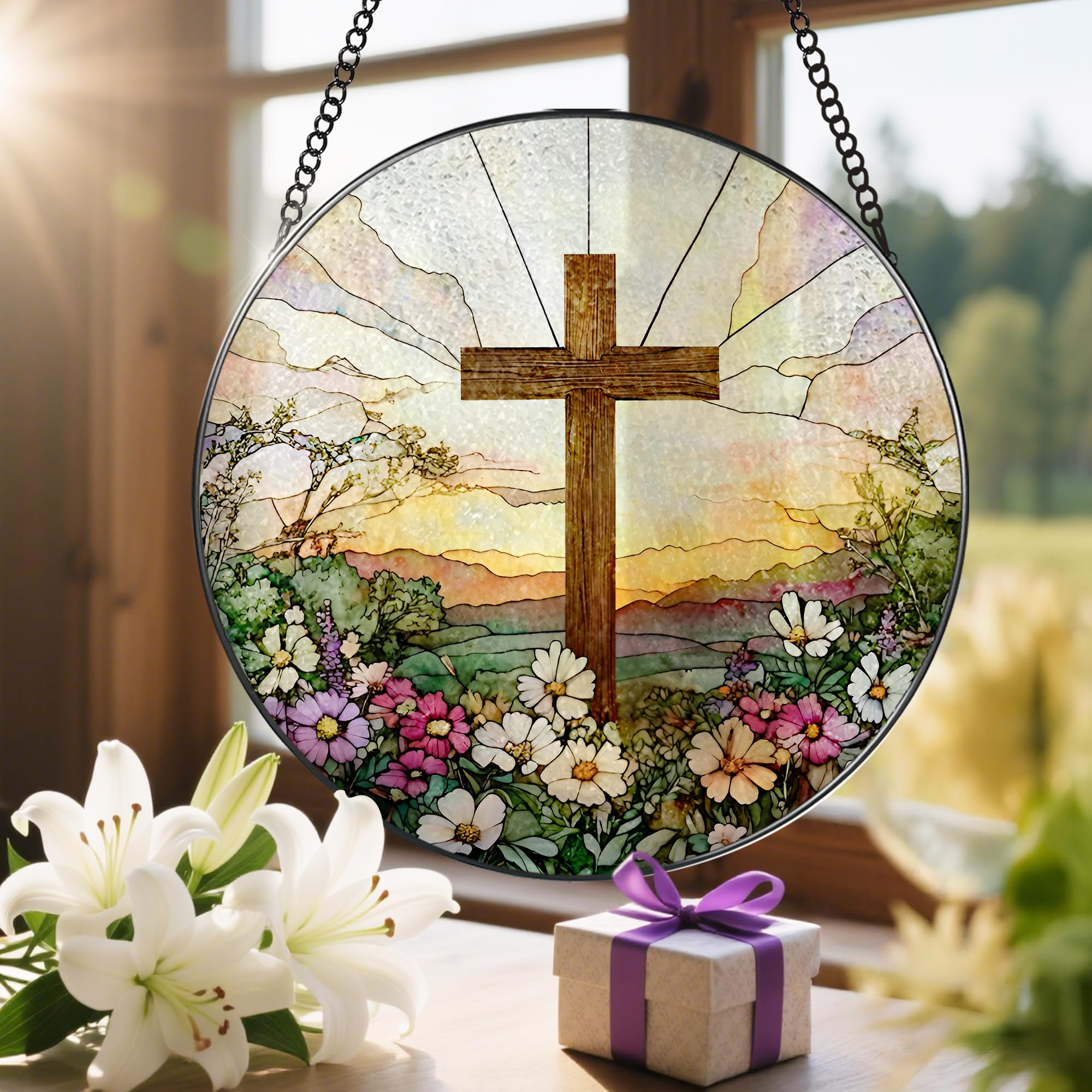 LAOWEIKI suncatcher en sala decorada, añade ambiente sereno y tono religioso