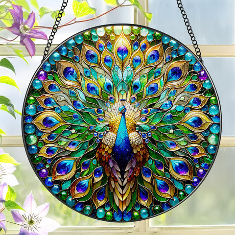 LAOWEIKI colgante de vidriera frontal mostrando colores vivos y diseño pavo real