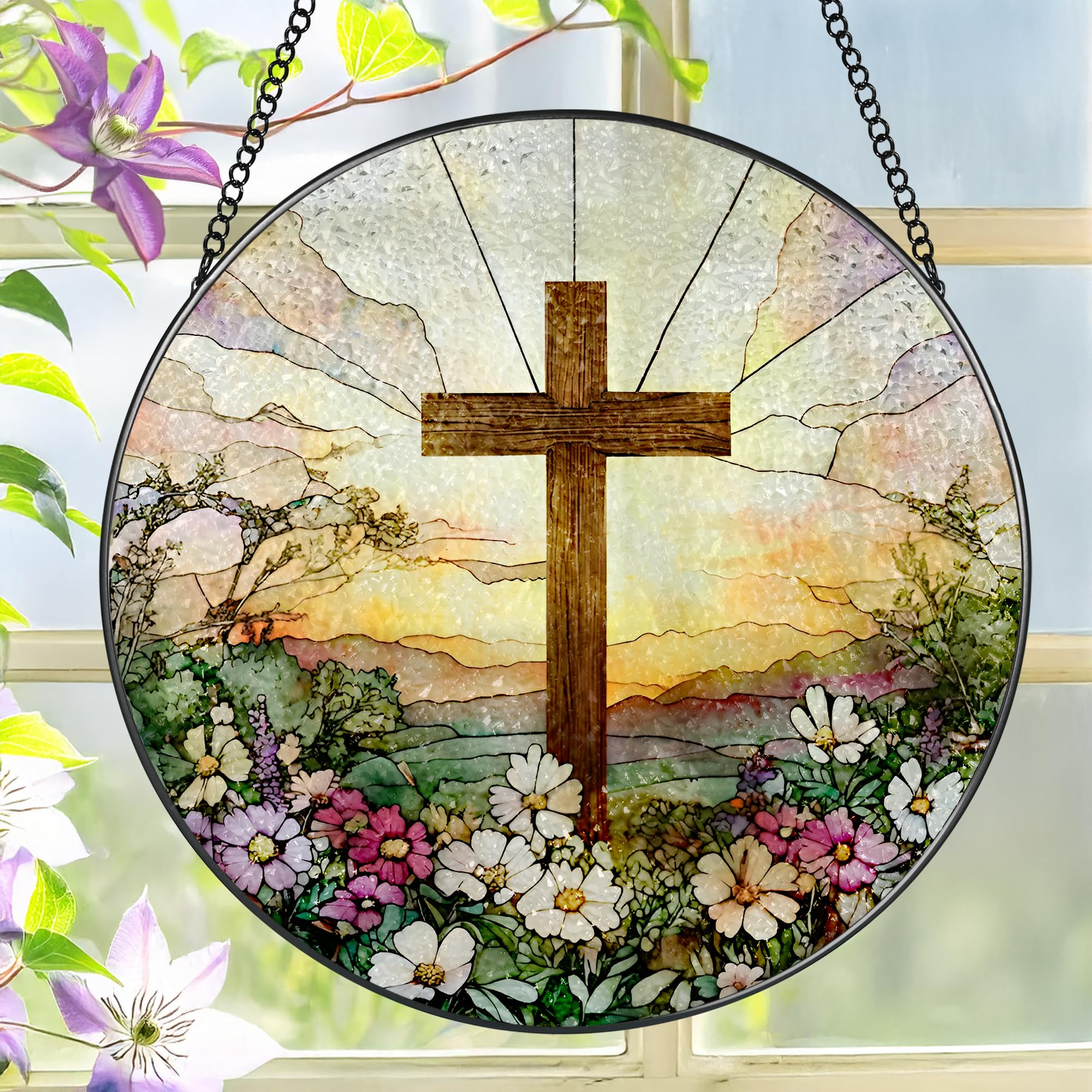 LAOWEIKI cruz de vidrio frontal mostrando diseño floral y cruz, aporta belleza devocional