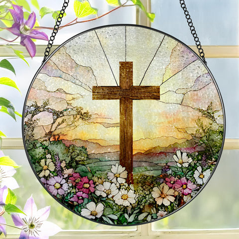 LAOWEIKI cruz de vidrio frontal mostrando diseño floral y cruz, aporta belleza devocional