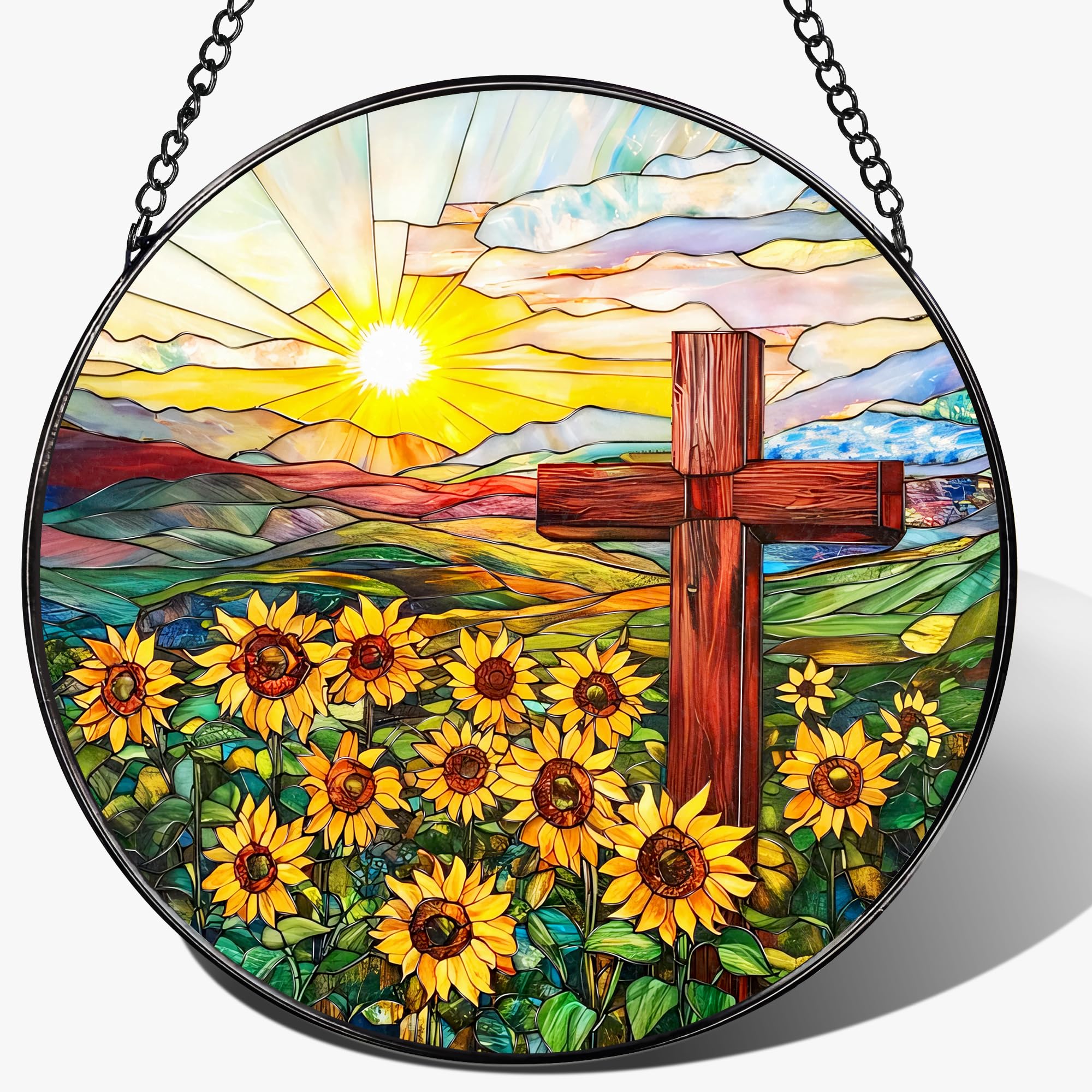 LAOWEIKI cruz vitral frontal mostrando colores vivos y símbolo religioso
