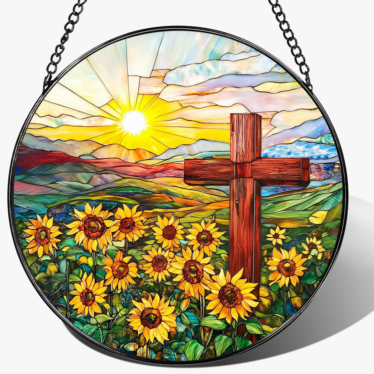 LAOWEIKI cruz vitral frontal mostrando colores vivos y símbolo religioso