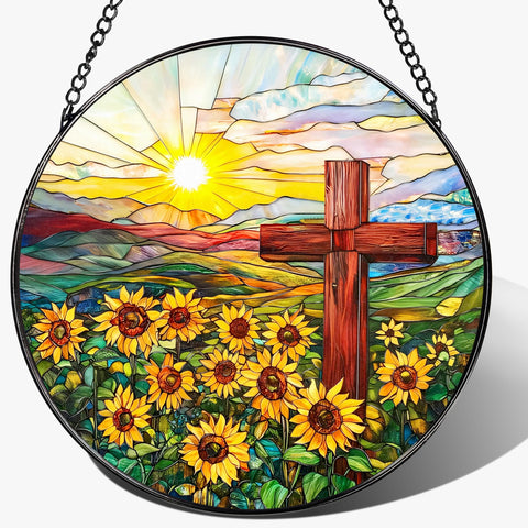 LAOWEIKI cruz vitral frontal mostrando colores vivos y símbolo religioso