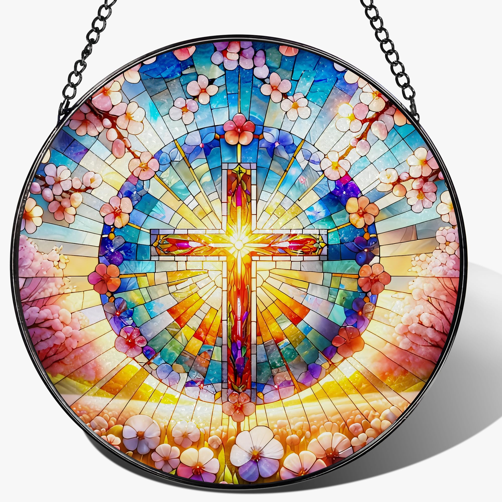 LAOWEIKI cruz vitral frontal mostrando colores vivos y diseño espiritual