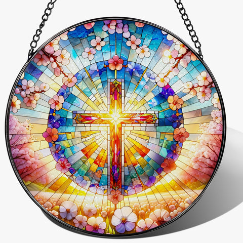 LAOWEIKI cruz vitral frontal mostrando colores vivos y diseño espiritual
