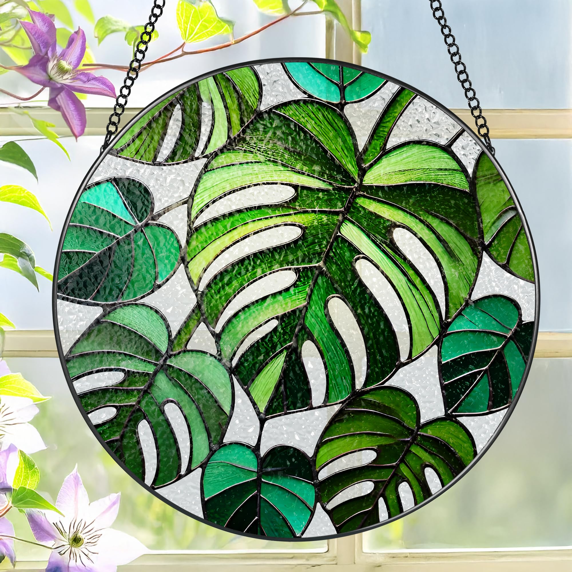 LAOWEIKI vista frontal del vitral Monstera realza ventanas con color