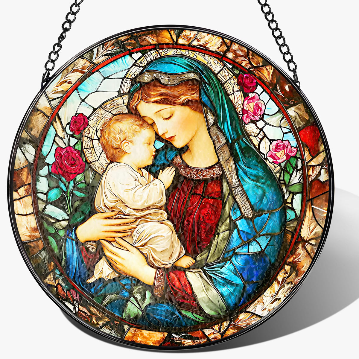 LAOWEIKI vista frontal del vitral Virgen María aporta devoción y color