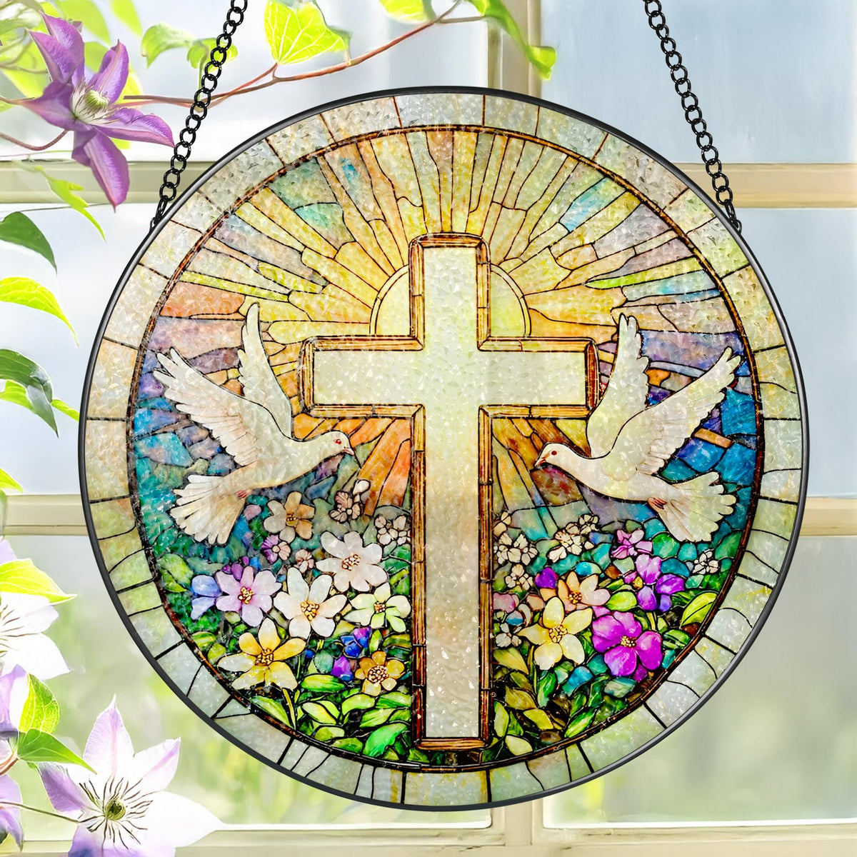 LAOWEIKI suncatcher vista frontal mostrando la cruz y flores, agrega color espiritual