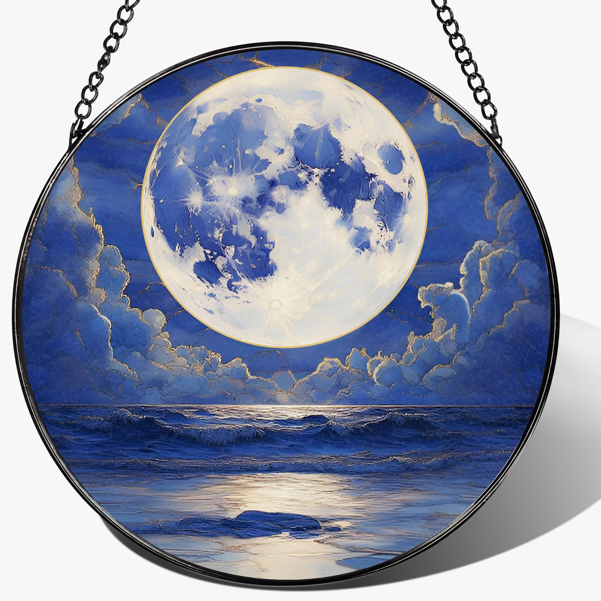 LAOWEIKI vista frontal del Sun Catcher mostrando la luna sobre el océano y colores vivos