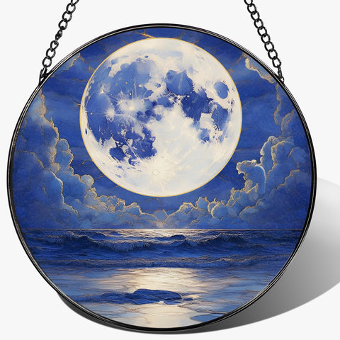 LAOWEIKI vista frontal del Sun Catcher mostrando la luna sobre el océano y colores vivos