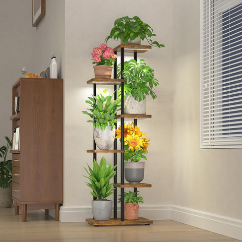 LASZOLA vista frontal del soporte de plantas mostrando cinco estantes y estabilidad