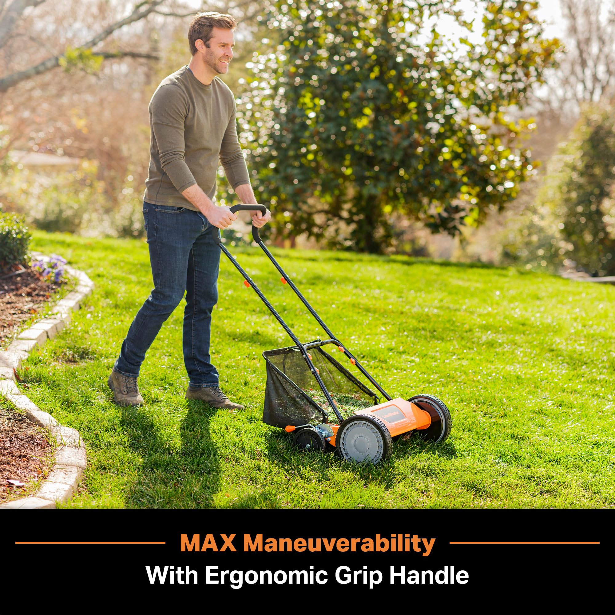 LawnMaster primer plano de las 5 cuchillas de acero que aseguran corte tipo tijera