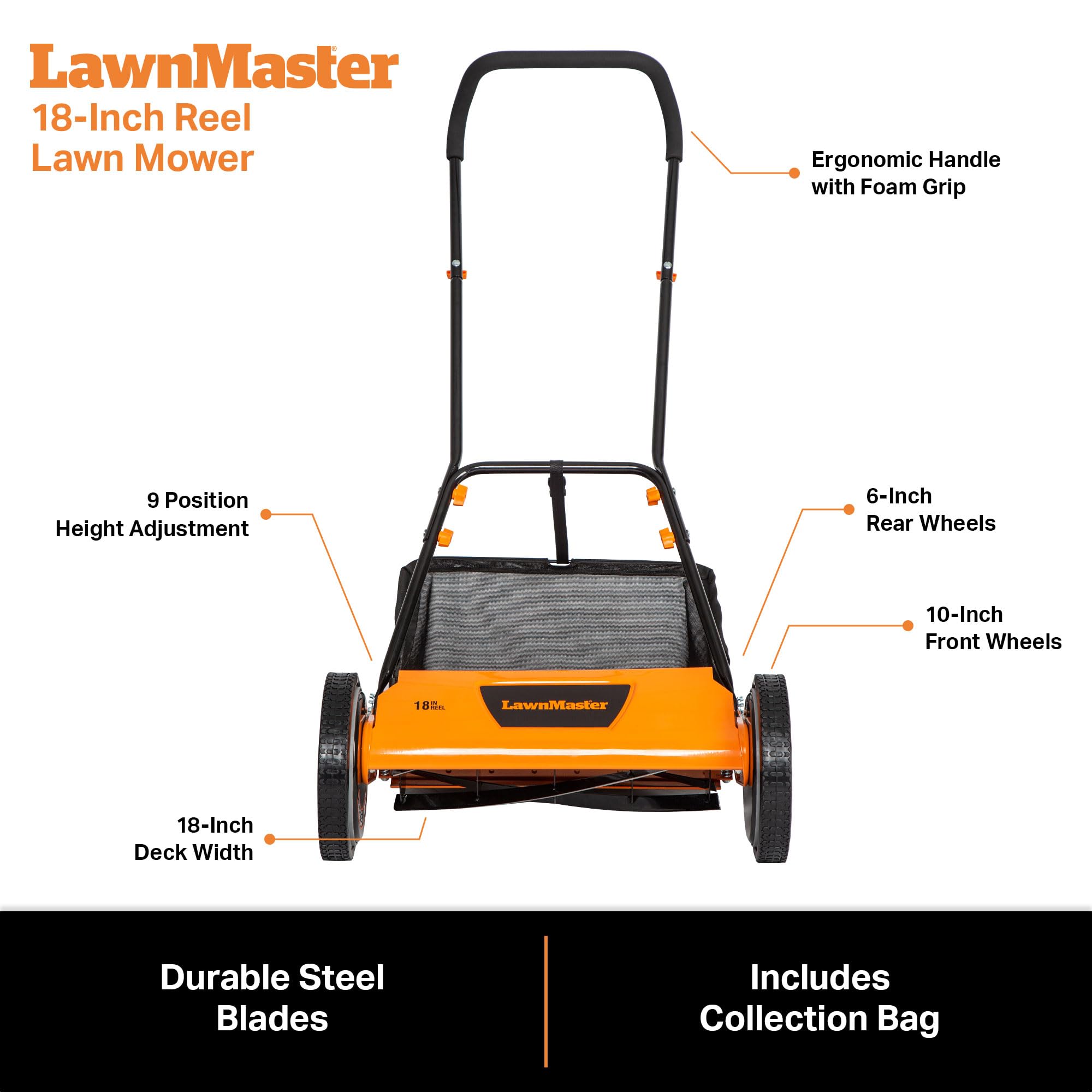 LawnMaster comparación de tamaño en jardín para visualizar cobertura de 18 pulgadas