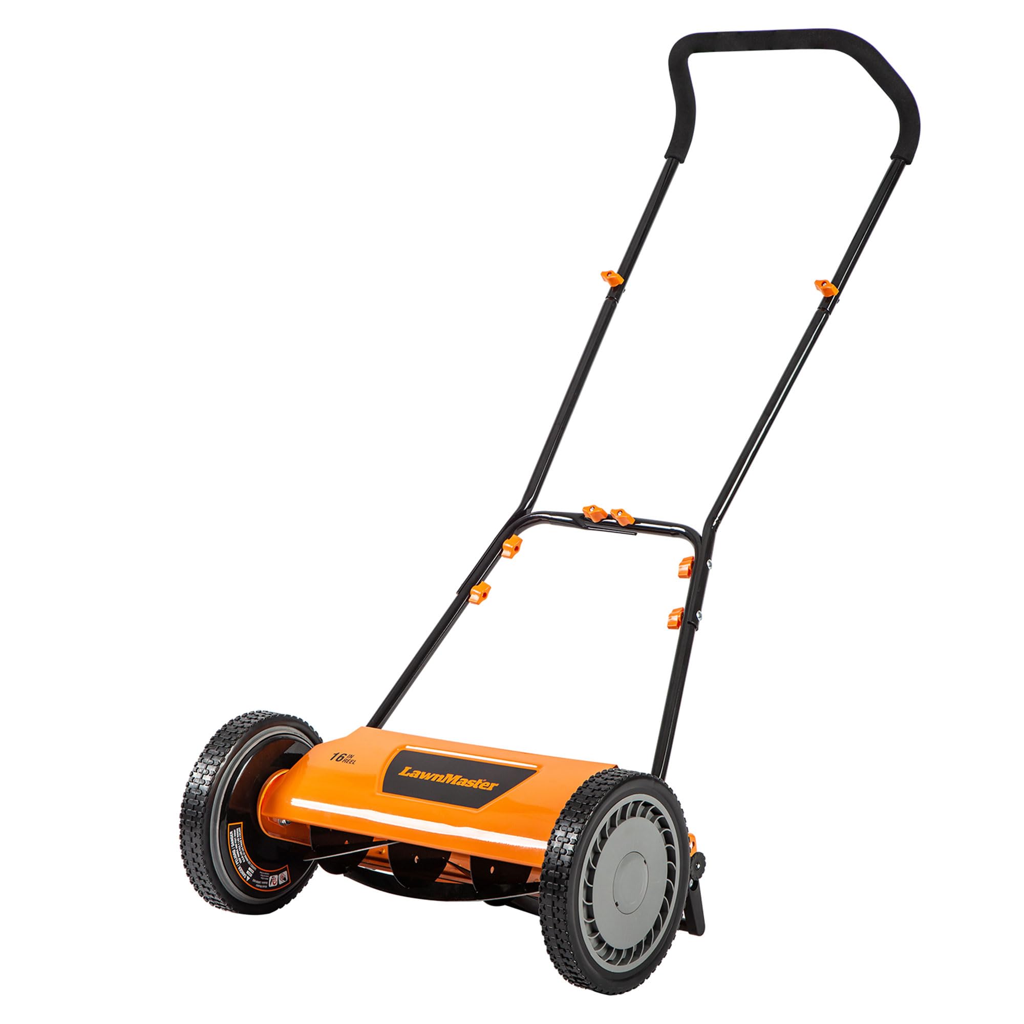 LawnMaster vista frontal del cortacésped mostrando diseño y ancho de corte
