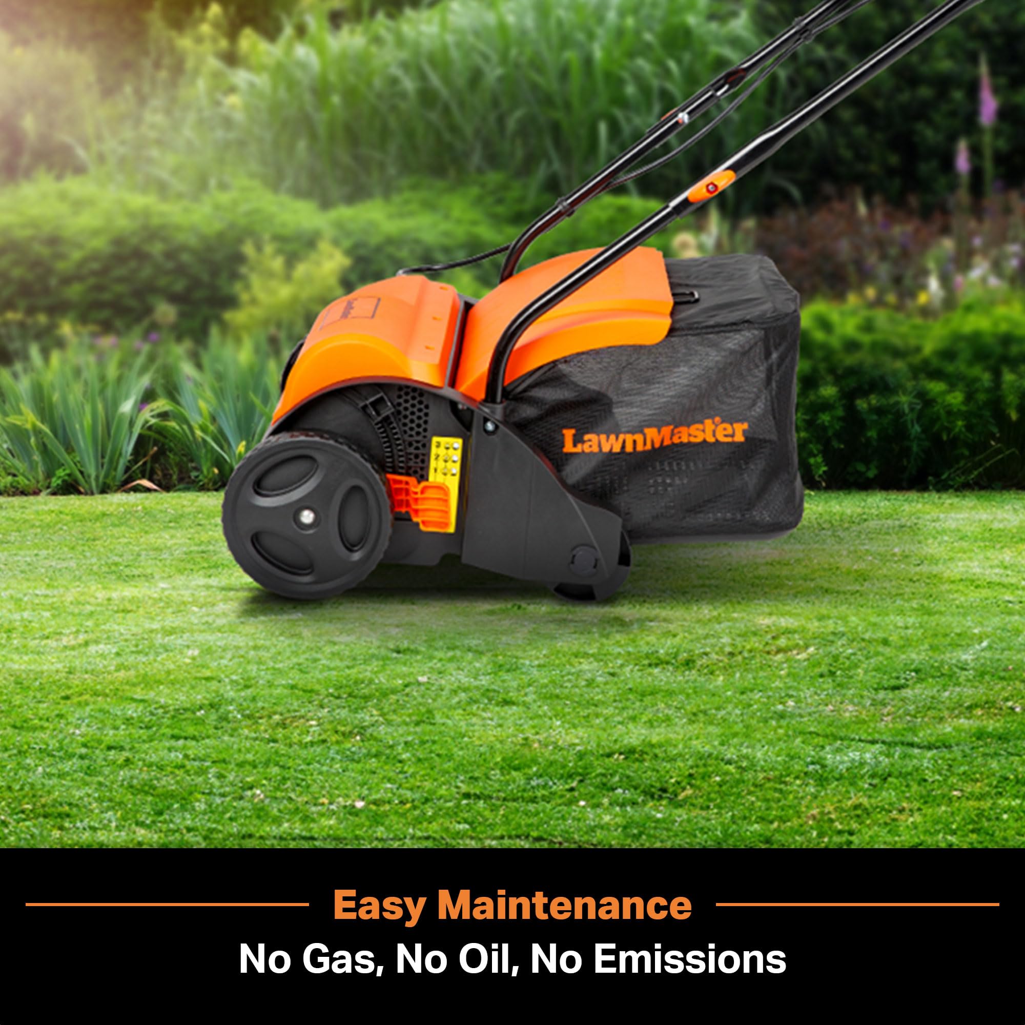 LawnMaster GV1212B en uso en jardín, mejora la salud del césped