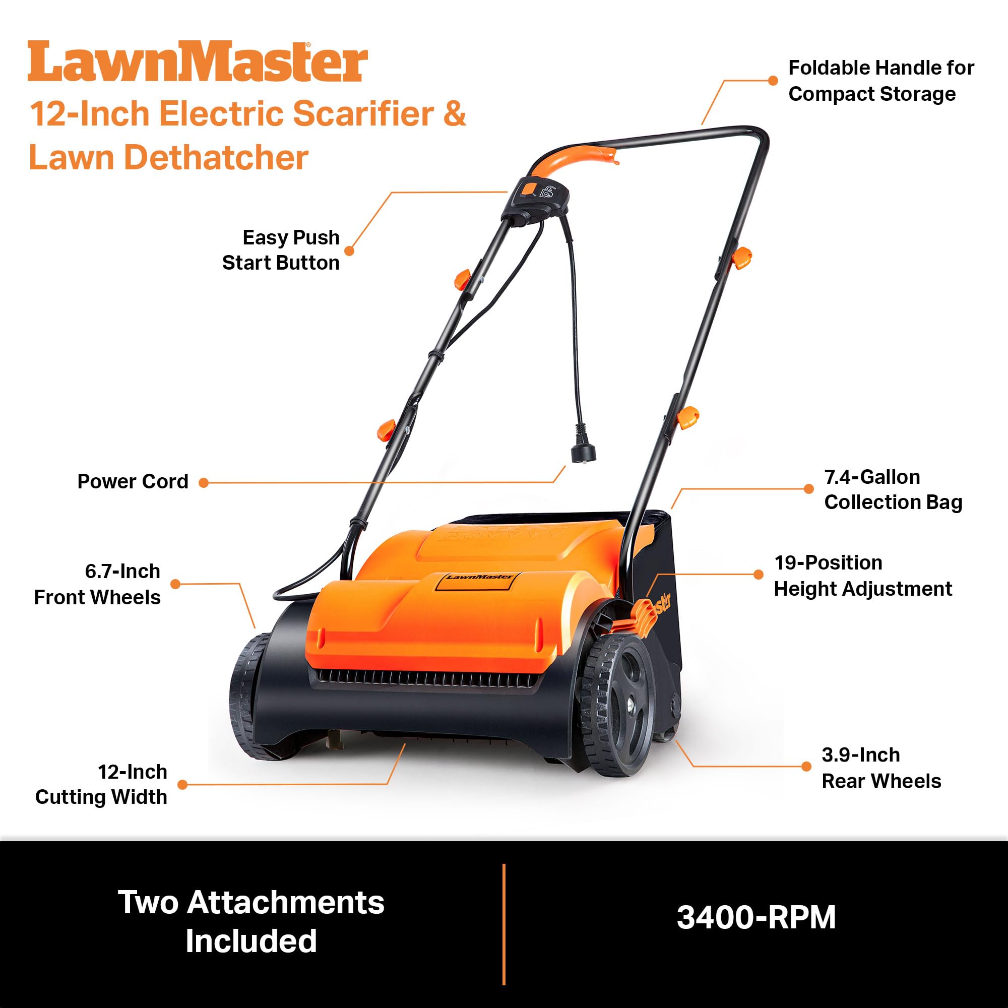 LawnMaster GV1212B asas plegadas, almacenamiento compacto y ordenado