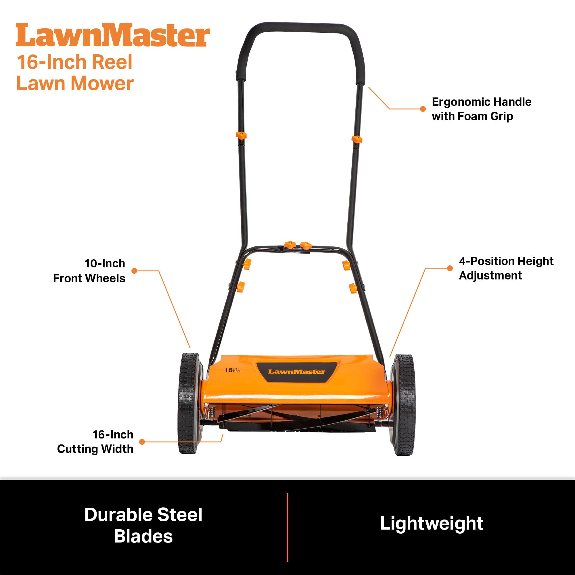 LawnMaster cortacésped en uso en césped mostrando maniobrabilidad y silencio