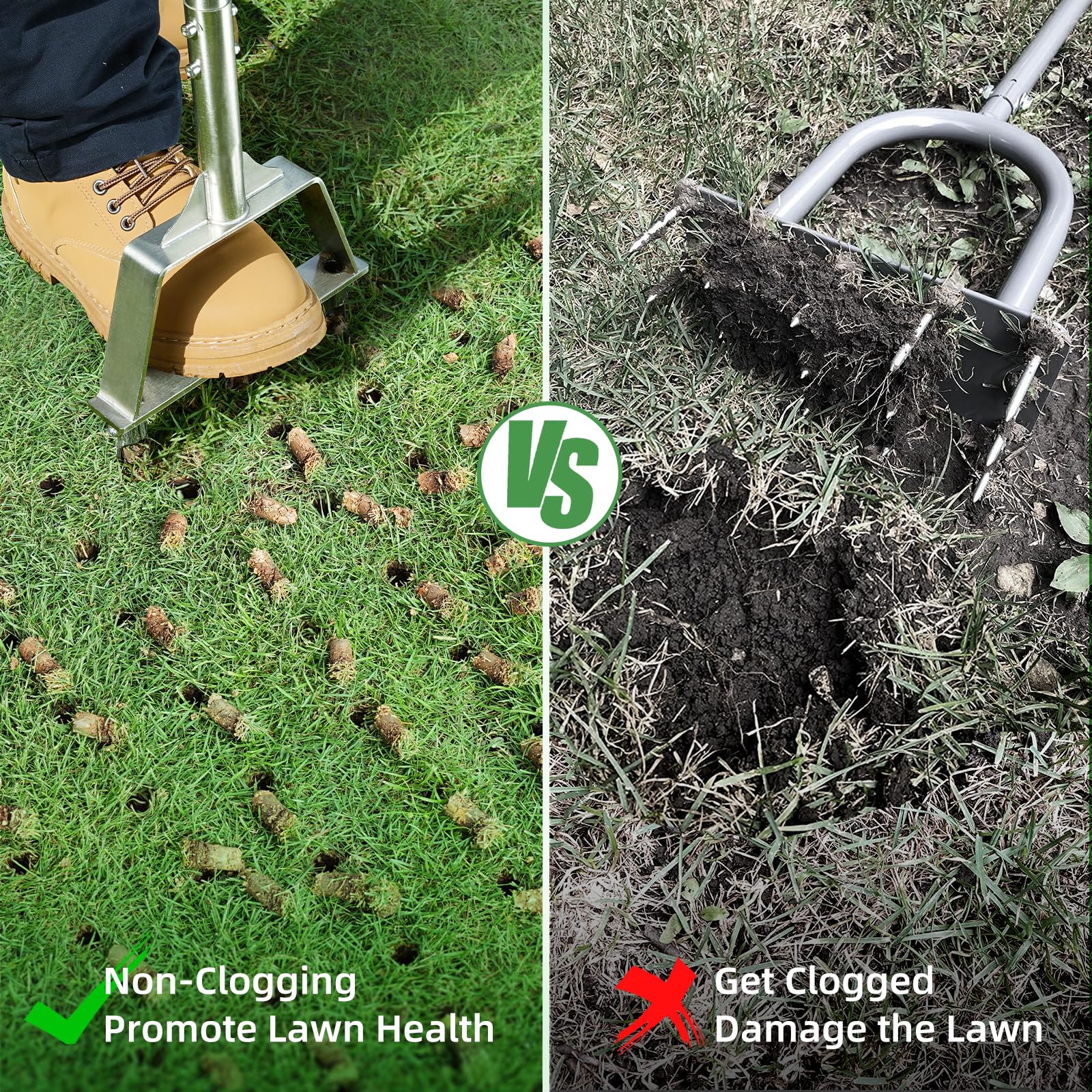 LawnVigor herramienta en uso sobre césped, beneficio mejor absorción de agua