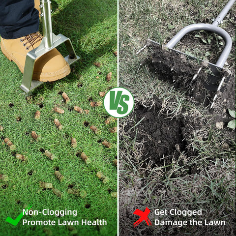LawnVigor herramienta en uso sobre césped, beneficio mejor absorción de agua