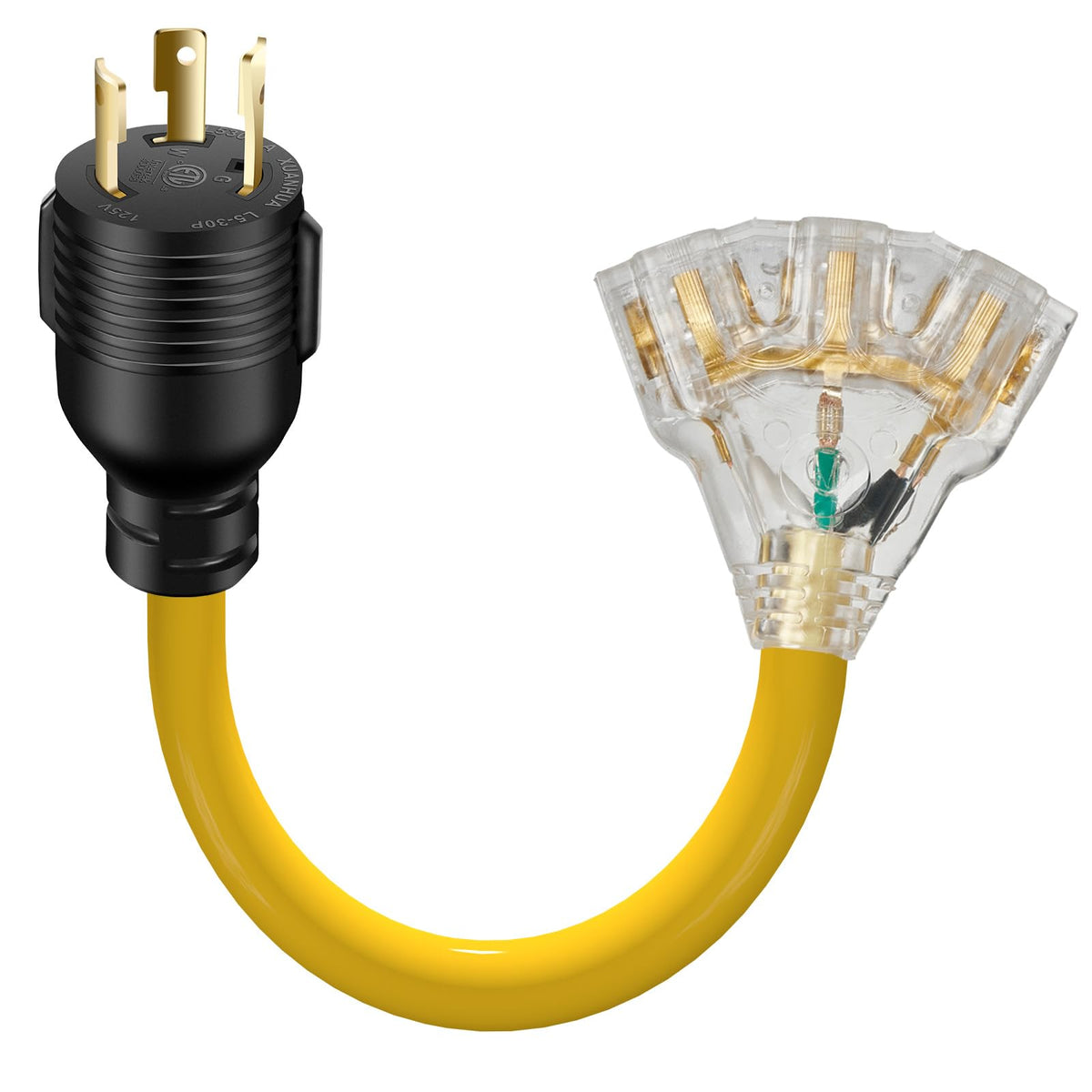 LAZMUMI adaptador frontal mostrando conectores, seguridad y fácil conexión
