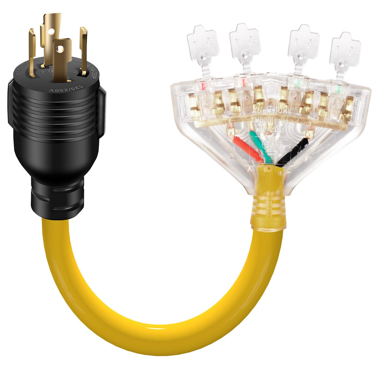 LAZMUMI adaptador frontal mostrando conector L14‑30P y cuatro tomas 5‑20R útil para distribuir energía
