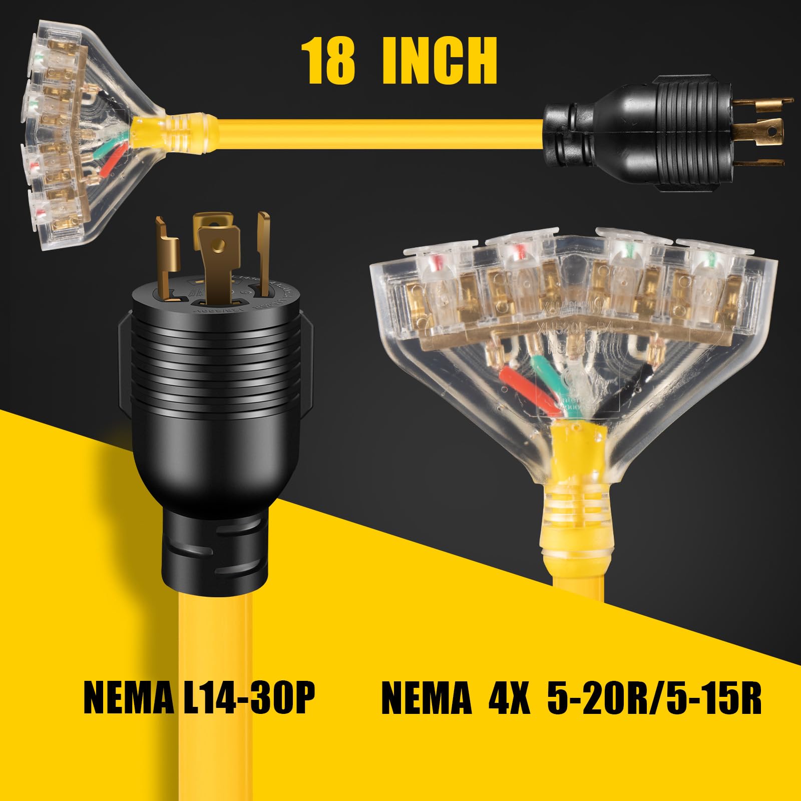 LAZMUMI primer plano del conector NEMA L14‑30P bloqueante, asegura conexión segura en generador