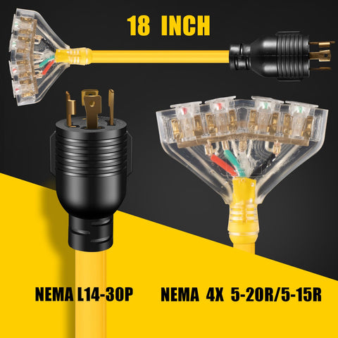 LAZMUMI primer plano del conector NEMA L14‑30P bloqueante, asegura conexión segura en generador