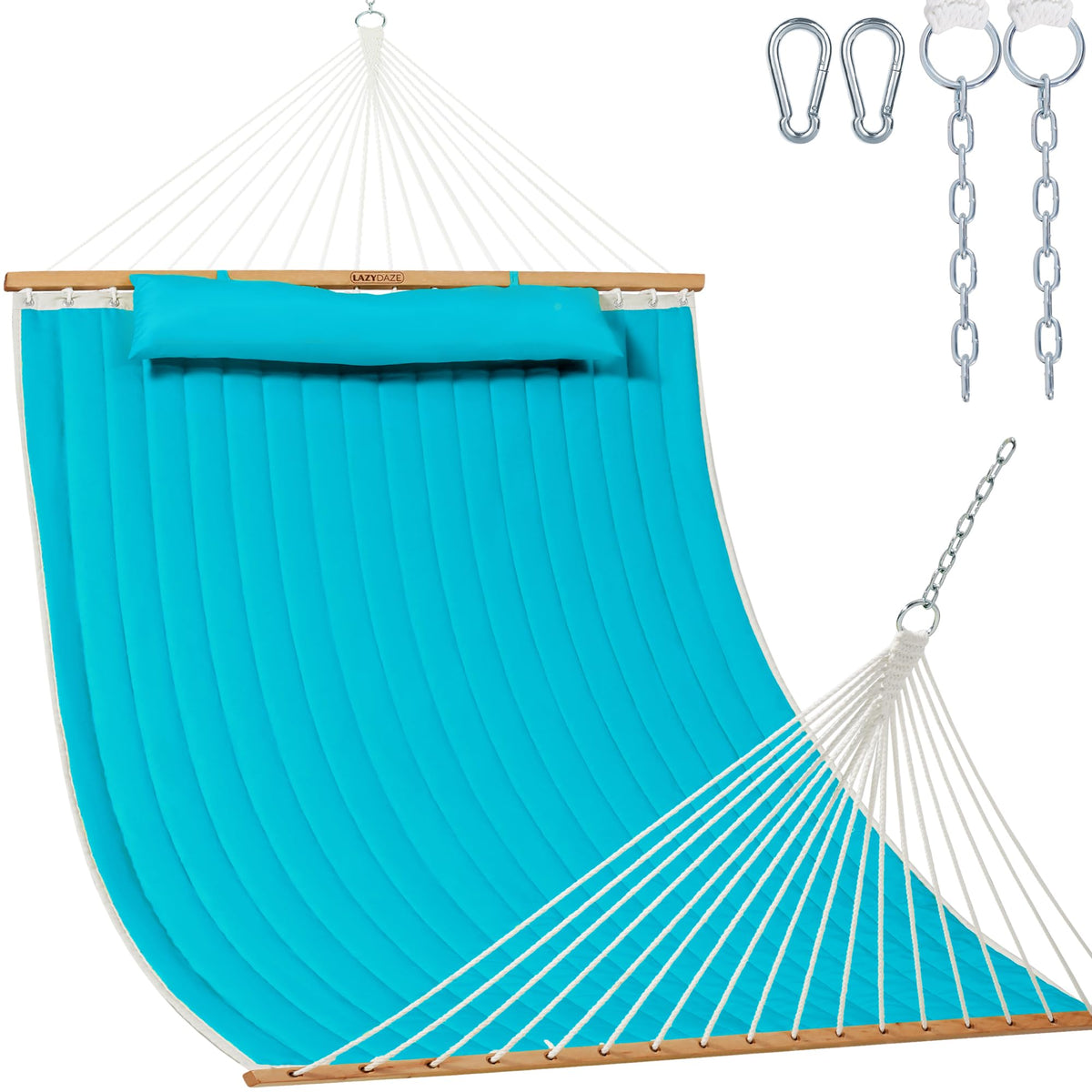 Lazy Daze hamaca doble frontal aqua mostrando espacio y confort