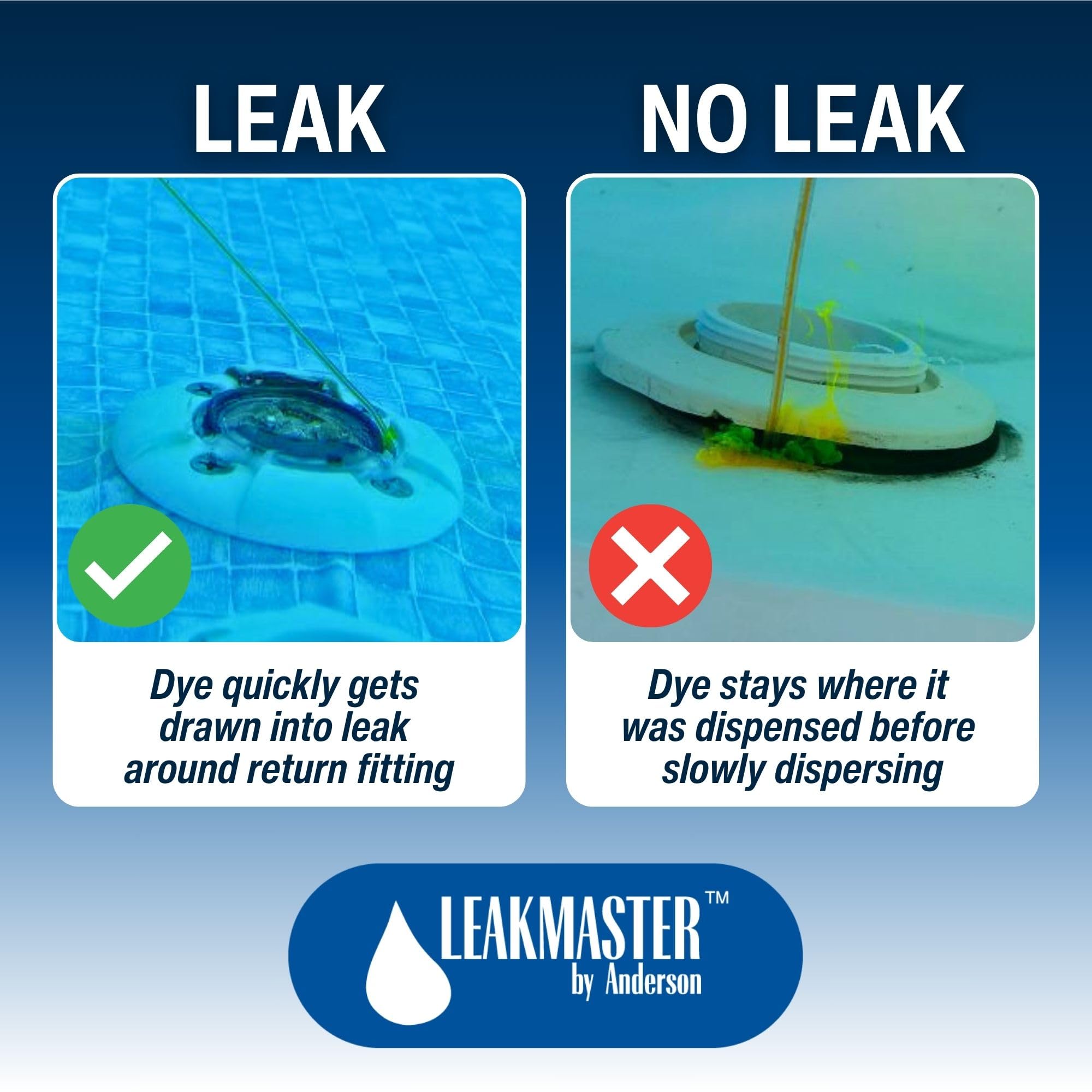 Leakmaster aplicando tinte en piscina para localizar fuga rápidamente
