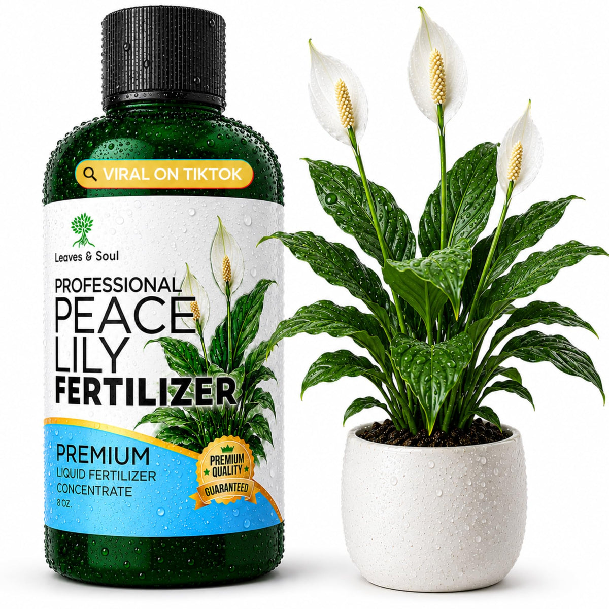 Leaves & Soul frente del envase mostrando 8 oz y fórmula 3-1-2 para nutrientes