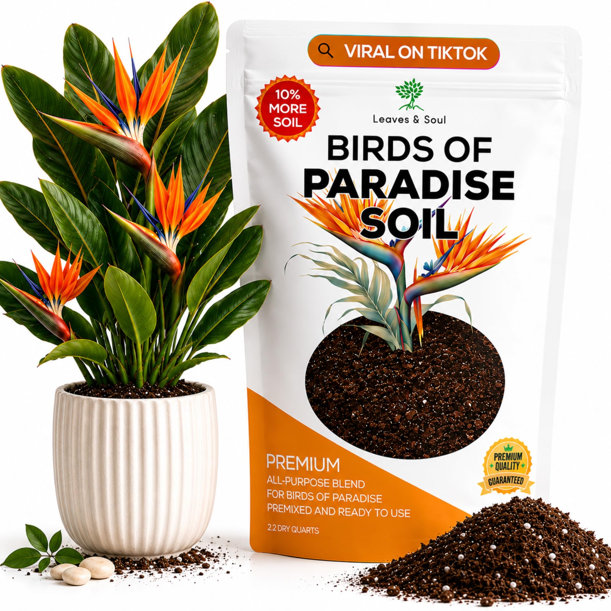 Leaves and Soul frente del paquete mostrando 2.2 qt y diseño resistente
