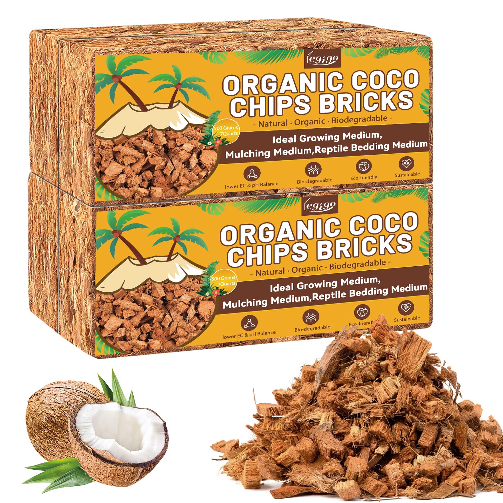 Legigo empaque frontal de coco chips mostrando ladrillos compactos y facil almacenamiento