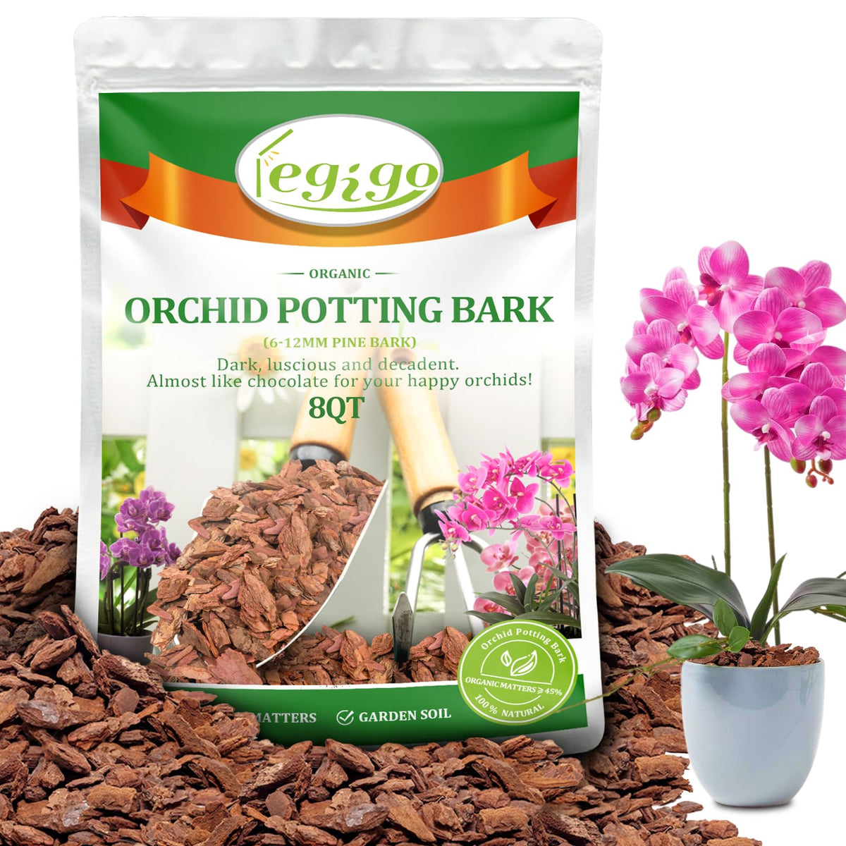 Legigo empaque frontal con corteza de orquídeas y volumen visible