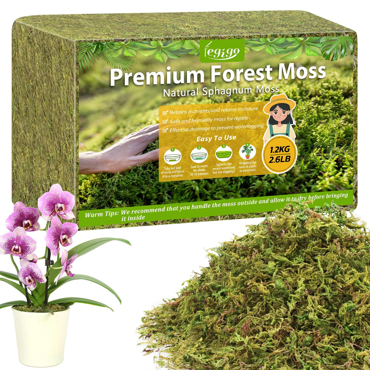 Legigo empaque frontal mostrando musgo sphagnum natural y sin químicos