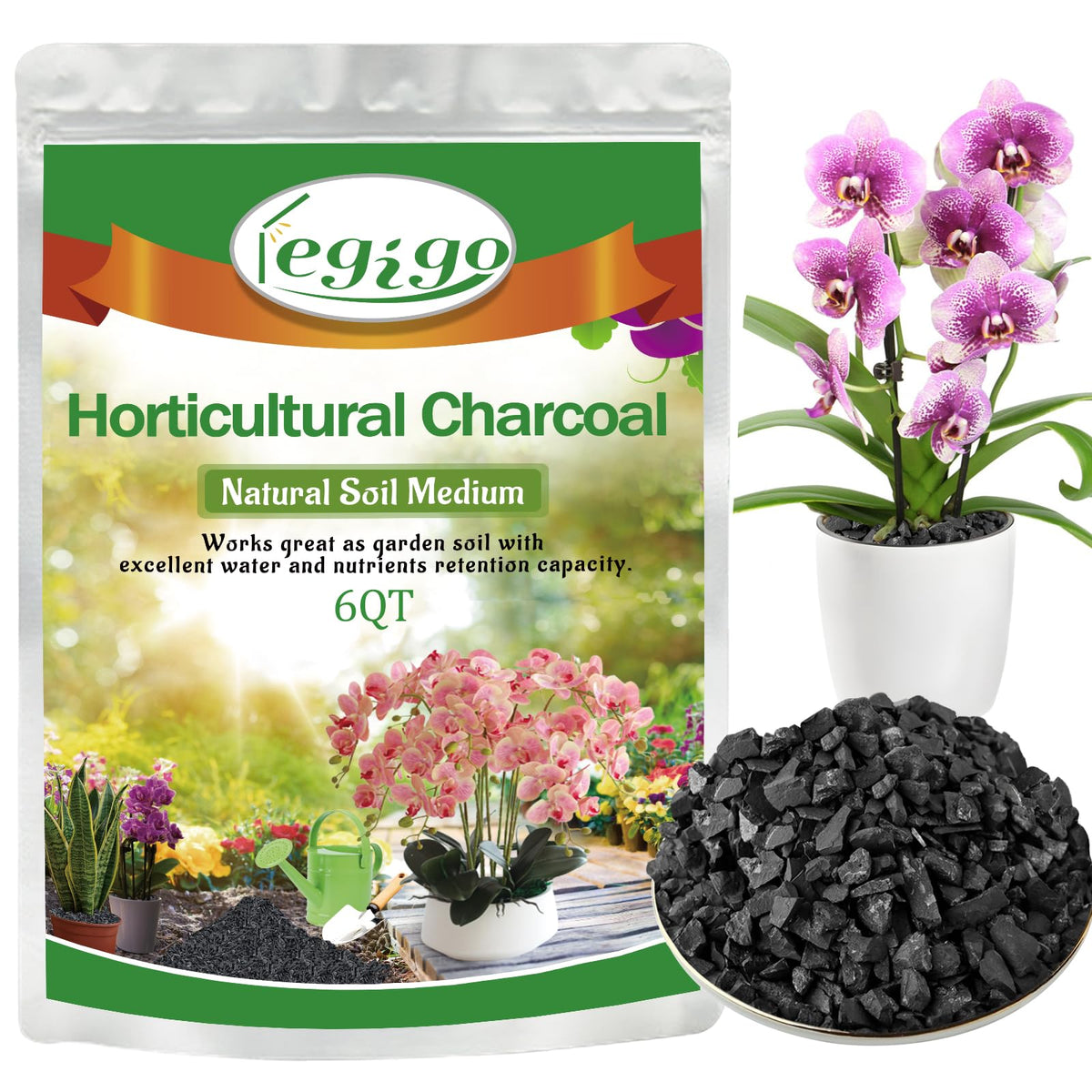 Legigo empaque frontal de carbón horticultural mostrando volumen y uso