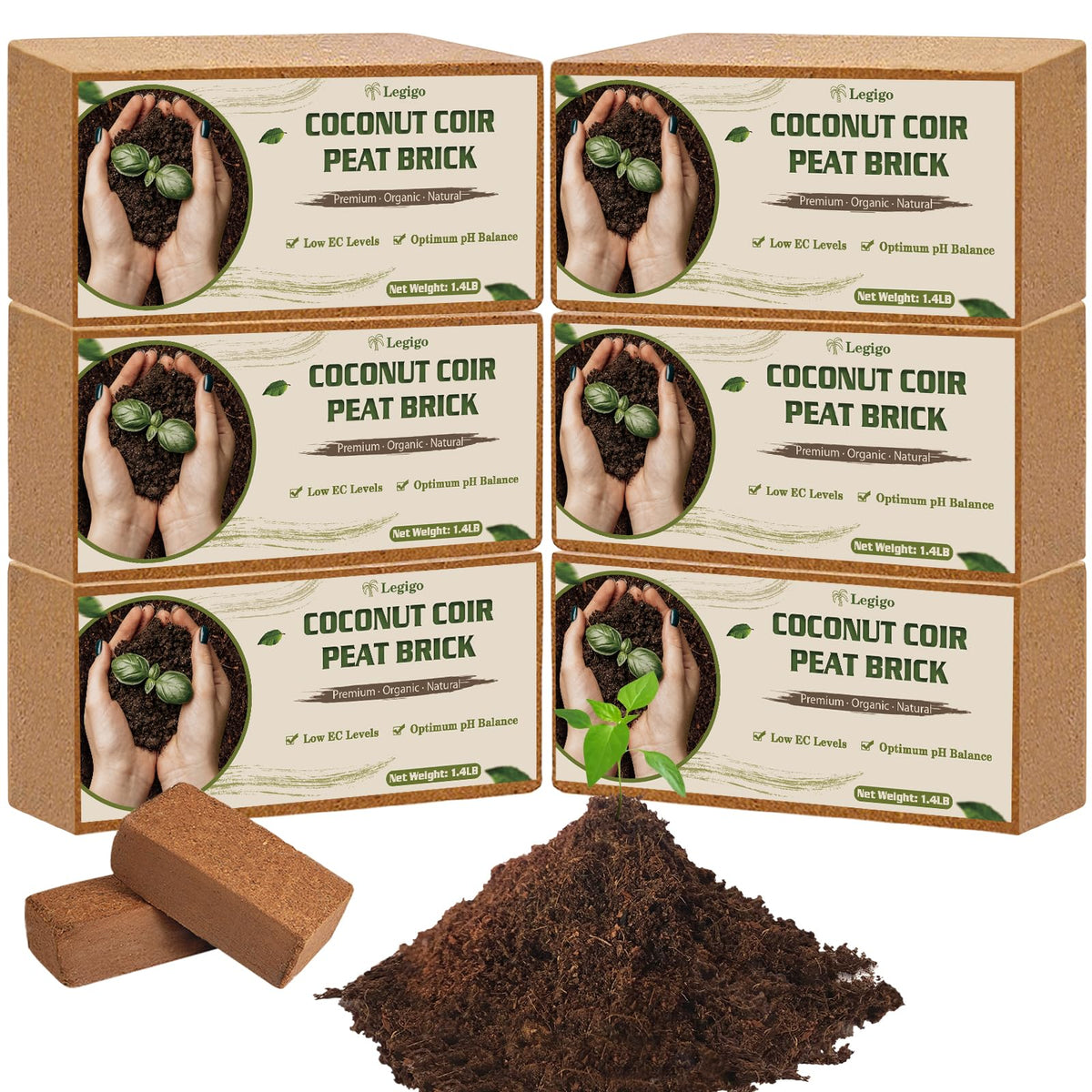 Legigo empaque frontal de ladrillos de coco que muestra marca y cantidad
