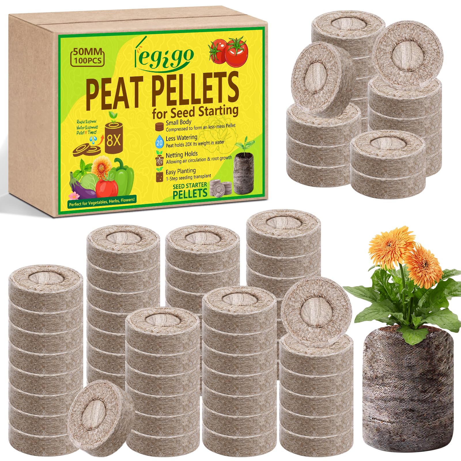 Legigo frontal del paquete mostrando 100 pellets y fácil almacenamiento