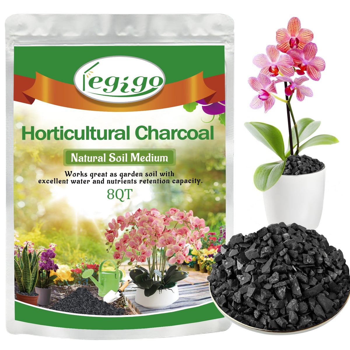 Legigo paquete frontal de charcoal hortícola mostrando volumen y presentación